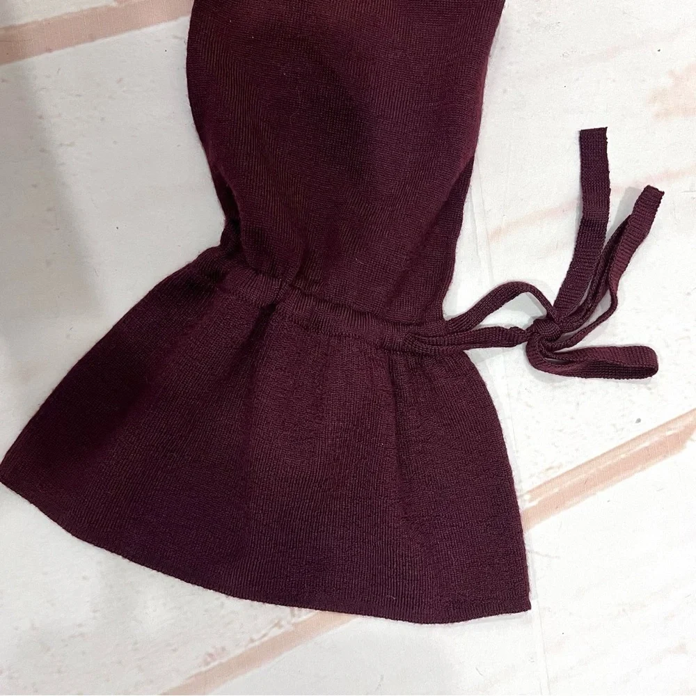 NWT J.Crew Merino Wool Burgundy V-Neck Tunic Sweater Drawstring Cuff Bell Sleeve